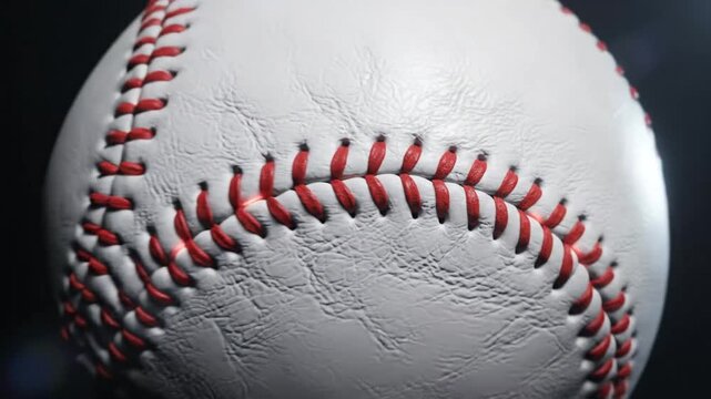 Close up view of a white baseball rotating with red stitching against a dark background