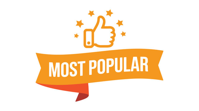 most popular orange banner with a thumbs up icon and stars, highlighting trending content, favorite selections, top rated products, and recommended quality items for ecommerce websites and mobile appl