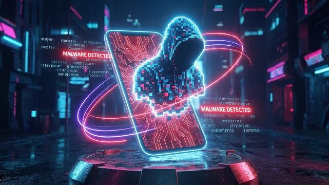 Glowing digital hooded hacker emerging from smartphone screen with neon circuits and orbiting data rings malware detected alerts cybercrime threat atmosphere hooded hacker figure emerging from