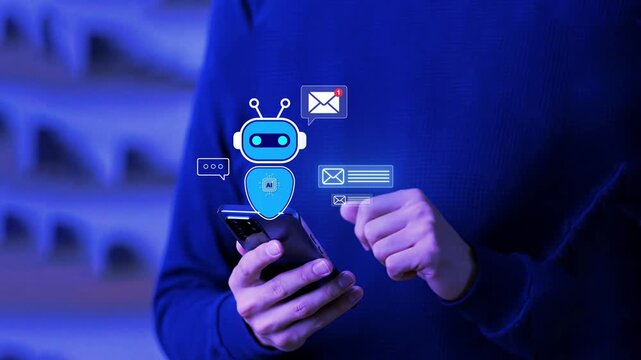AI chatbot managing business email communication on digital tablet, used by professional for smart inbox automation, virtual assistant service, and improving workplace productivity with technology
