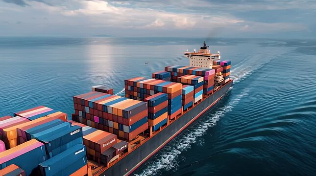 A large cargo vessel, loaded with colorful containers, sails across a calm blue sea under a cloudy sky
