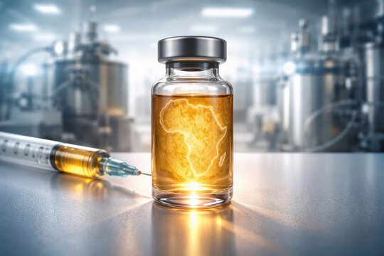 Africa health sovereignty vaccine vial with embossed Africa map glowing golden serum symbolizing local vaccine manufacturing independence public health security innovation