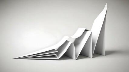 Abstract three dimensional representation of folded white paper illustrating continuous upward trending progress against a clean light grey studio background suggesting growth and improvement