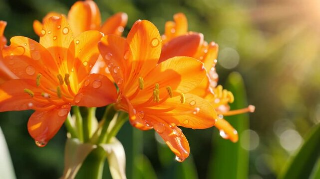 Close-up of Vibrant Orange Clivia Flowers Blooming in Sunlight with Water Droplets on Petals and Green Foliage Background