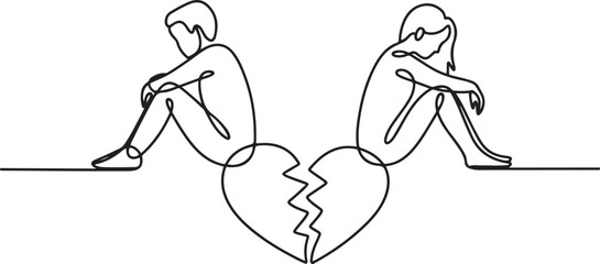 Fototapeta premium Single continuous line drawing relationship break up, broken heart, couple facing opposite direction. Couple sitting on big broken heart shape. one line Icon drawing