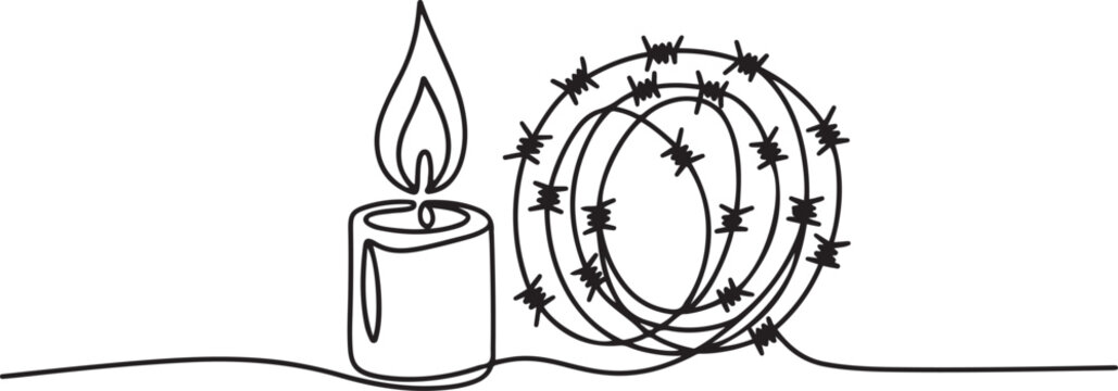 Single continuous line drawing a burning candle behind which is a roll of barbed wire. An organization cares deeply about human rights. Amnesty International Day. one line Icon drawing