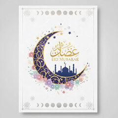 Eid Mubarak background with moon card design on white