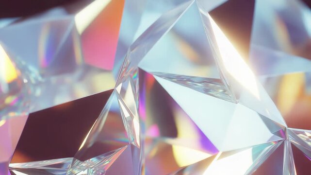 Shining faceted crystal surfaces refract light into a vivid iridescent spectrum, creating a glossy geometric background of sparkling, modern, jewel like textures and reflections