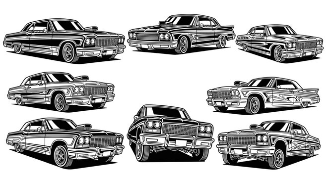 Classic American Lowrider Cars Collection Black and White Illustration Set.