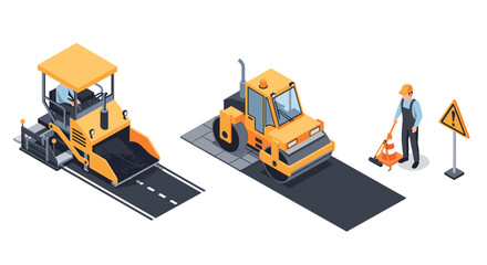 Fototapeta premium Road construction in isometric style featuring vehicles and worker with equipment