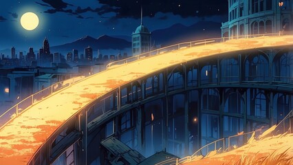 ゲーム背景　満月の夜の街と月光に照らされる空中回廊