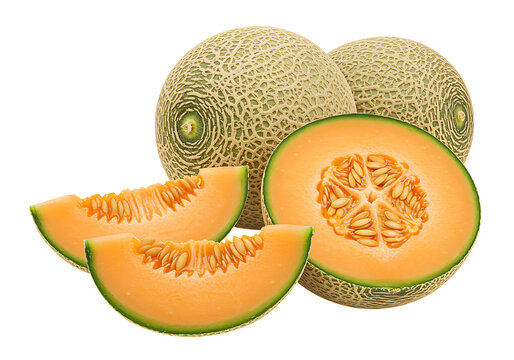 Fresh cantaloupe melons and slices on white background  healthy food concept transparent background