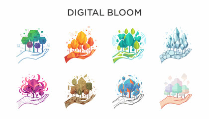 Digital Ecosystem Growth: Hands Holding Stylized Trees