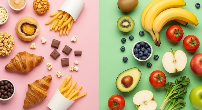 Split screen showing unhealthy fast food against healthy fruits and vegetables