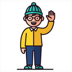 Obraz premium Man in yellow jacket and green beanie waving at the viewer with a friendly gesture in a simple illustration