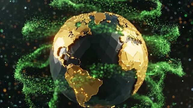 Seamless loop of a stylized low-polygon world map globe ornament shimmering with digital gold and swirling vibrant deep green particle dust trails data, poly, animation