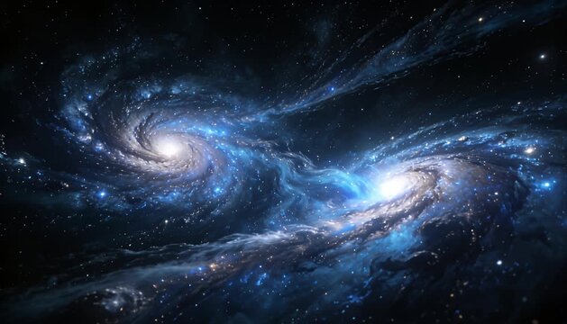 Vast spiral galaxy blackhole cosmic space swirl starfield nebula light glowing deep universe mysterious scene, swirling energy and dust create dramatic abstract celestial background night blue