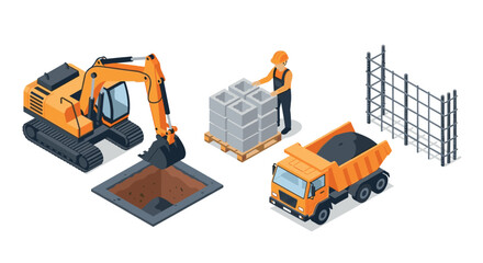 Fototapeta premium Isometric construction equipment and laborer working at building site