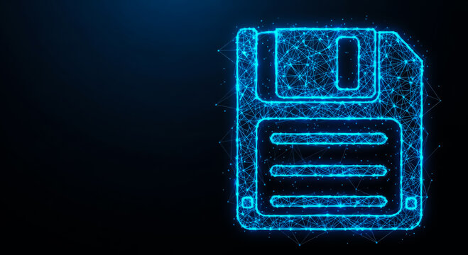 Glowing blue digital floppy disk icon with circuit-like background