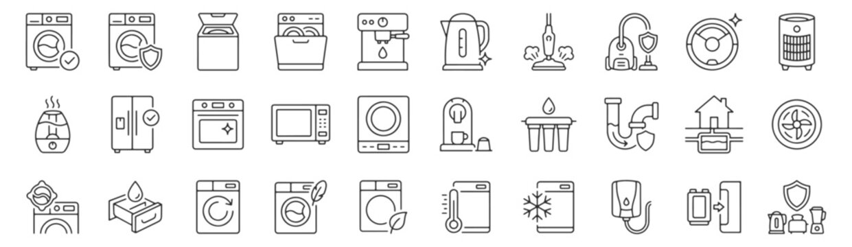 Appliance compatibility home care line icon set. Washing machine, dishwasher, coffee maker, steam mop, robot vacuum, air purifier, water filter, eco mode, outline vector illustrations.