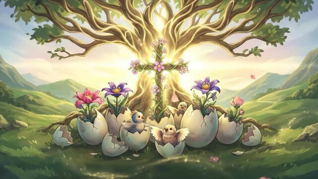 Vibrant spring landscape with chicks hatching from eggs and blossoms forming a vine cross beneath a majestic tree, symbolizing rebirth, faith, and joyful renewal