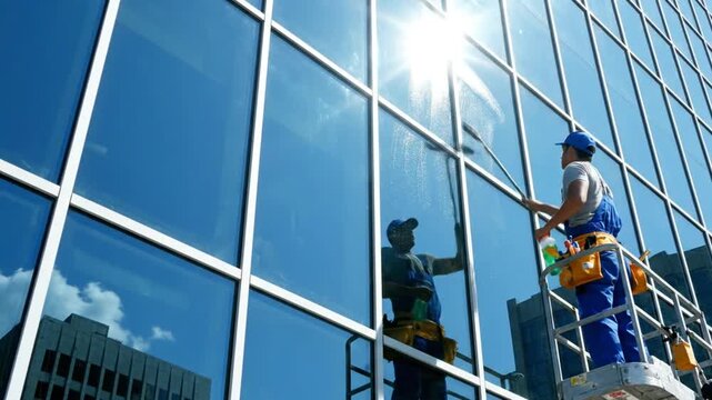 Window cleaner on lift with cleaning glass.