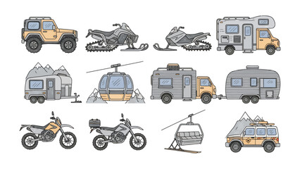 Transportation Assortment: A diverse collection of vehicles, each meticulously depicted, stands ready to transport to exciting destinations. Including cars,motorcycle, and more.  © Ajm