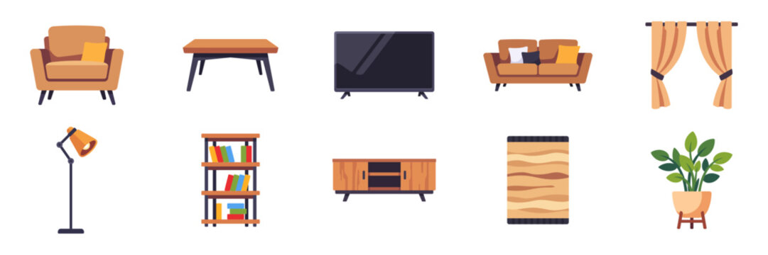 Set of brown and beige living room icons, sofa, armchair, TV, coffee table, bookshelf, colorful collection with vector flat illustrations