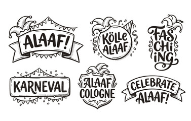 Obraz premium Black White Halftone Alaaf Fasching Karneval Cologne Lettering Set 6 Sketch Freehand Jester Cap-Garland Hand Painted Typography Vector Set