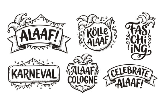 Black White Halftone Alaaf Fasching Karneval Cologne Lettering Set 6 Sketch Freehand Jester Cap-Garland Hand Painted Typography Vector Set