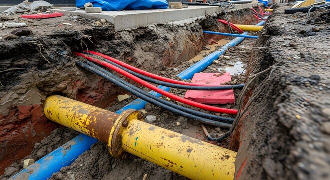 Exposed Utility Trench with Buried Water, Gas, and Electrical Pipes in Construction Site