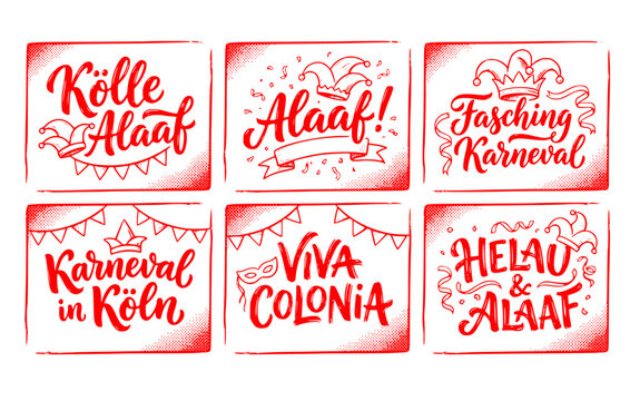Black White Halftone Alaaf Fasching Karneval Cologne Lettering Set 6 Sketch Freehand Jester Cap-Garland Hand Painted Typography Vector Set