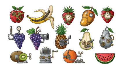 Steampunk Fruit Fantasy: A whimsical collection of various fruits adorned with intricate steampunk-inspired mechanisms, showcasing creativity and the fusion of nature and technology. © Abdul