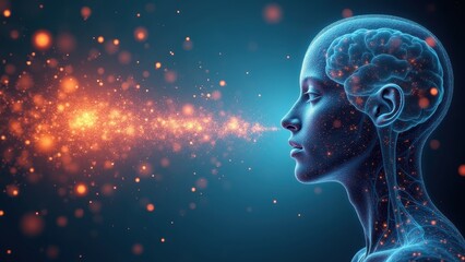 Naklejka premium Human brain profile emitting glowing energy waves and neural signals into blue space, neuroscience visualization, concept of neurology, mental health