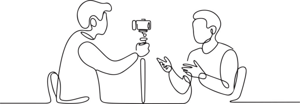 Continuous one line drawing professional shooting team record video interview for public blog vlog with smartphone and monopod stick. one line Icon drawing