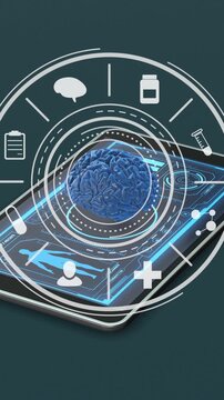 tablet pc with a futuristic interface of a medical app, a hologram of a human brain and a circular hud with icons, concept of science, medicine and technology, vertical video (3d render)