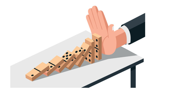 Stopping domino effect: hand preventing falling dominoes in flat design