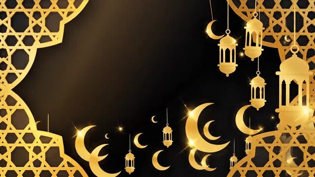 Elegant Islamic Background with Golden Lanterns and Crescent Moons.