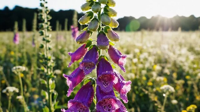Close up of a vibrant purple foxglove flower stalk with many blooms in a field bathed in sunlight
