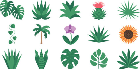 A flat, minimalist illustration of tropical and desert plants arranged in a 4x4 grid layout on a white background © MST