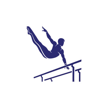 Gymnast on Parallel Bars. Male Gymnast Silhouette. Dynamic Gymnastics Move. Athletic Performance.