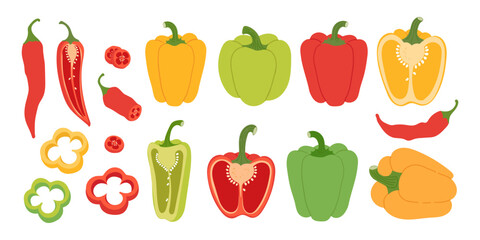 Fototapeta premium Colorful sweet and hot pepper set whole, halved and slice. Collection of chili and red, yellow, green bell peppers. Vector fresh organic vegetables isolated on a white background