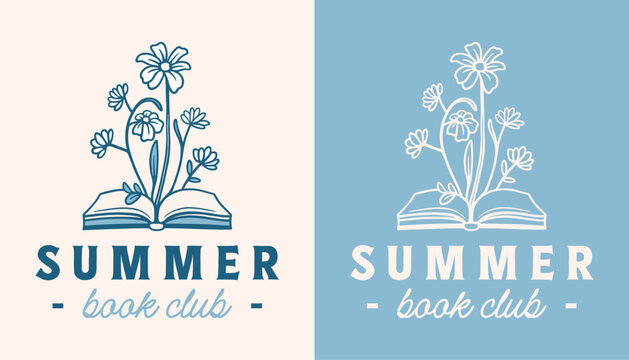 Summer book club reading group logo floral garden theme reader girl shirt design for romance books lovers. Retro pastel blue coastal vacation aesthetic drawing illustration card sticker poster print.