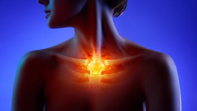 Radiant artwork glowing sternum and clavicle highlighted in red. Concept of chest pain diagnostics visuals, trauma awareness campaigns, orthopedic and emergency healthcare promotion.