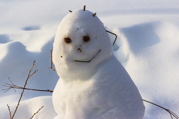 Cheerful handmade snowman smiling in a crisp winter landscape. Its eyes are burrs, nose a twig, surrounded by fresh, sparkling snow. Simple winter joy