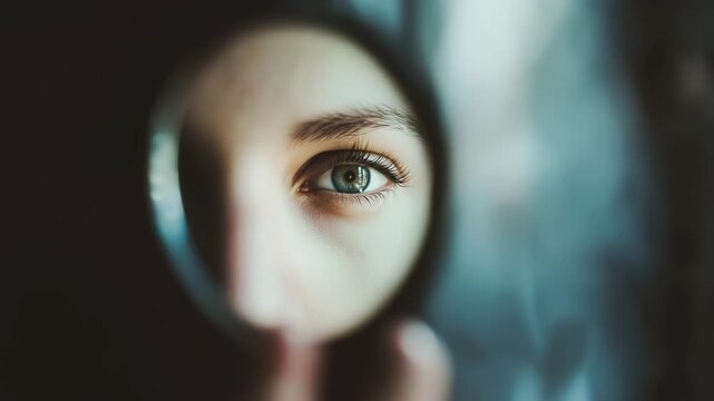 An eye is reflected in a mirror, highlighting the act of looking inward during a quiet moment