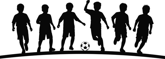 Group of young children and boys playing soccer football match together in silhouette outdoors on a field with ball isolated on white background © Mahsina