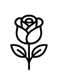 Black and White Line Drawing of Rose with Stem and Leaves
