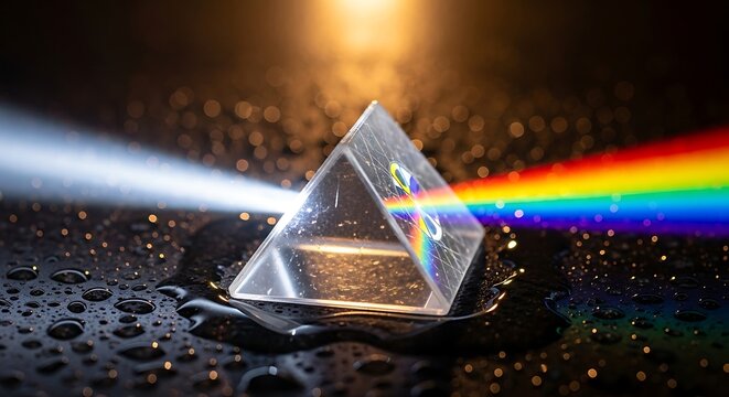 Triangular prism refracting white light into a rainbow spectrum on a wet, reflective surface