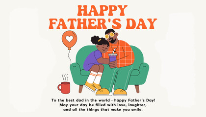 Obraz premium Loving father and child embrace on sofa with heartfelt father's day message and balloon